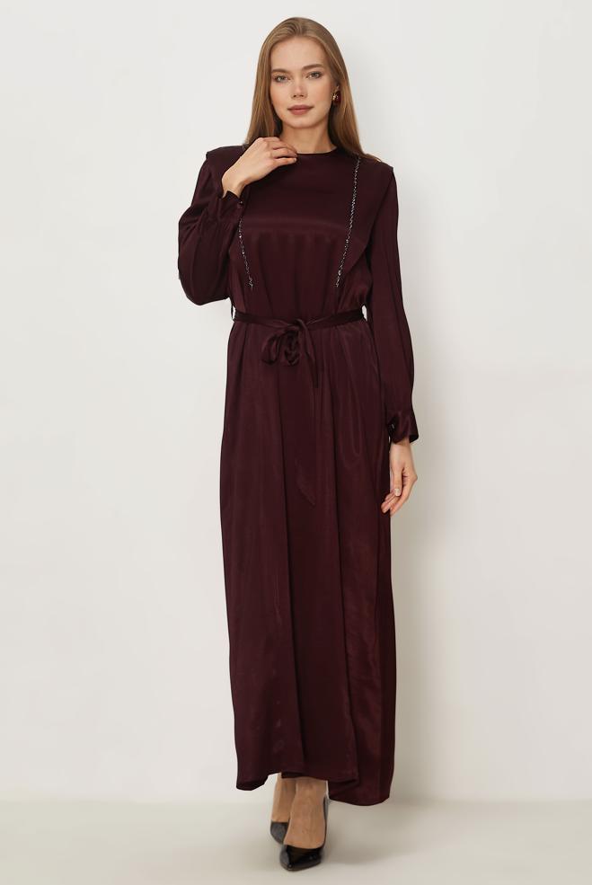 Hijab clothing BEIGE BELTED BEAD EMBROIDERED DRESS 46436-1 - ALVİNA