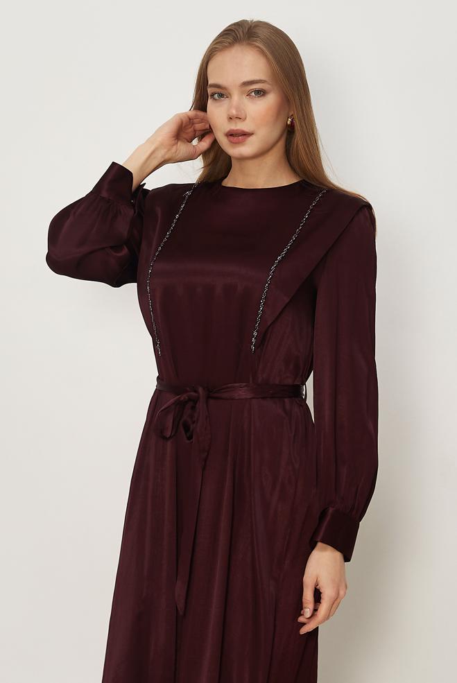 Hijab clothing BEIGE BELTED BEAD EMBROIDERED DRESS 46436-1 - ALVİNA