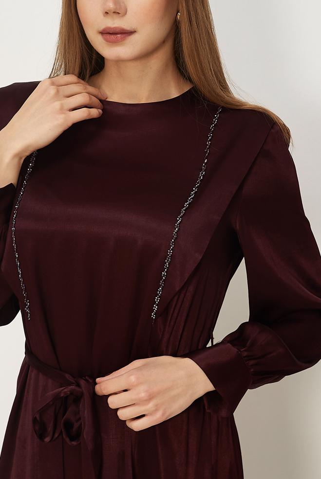 Hijab clothing BEIGE BELTED BEAD EMBROIDERED DRESS 46436-1 - ALVİNA