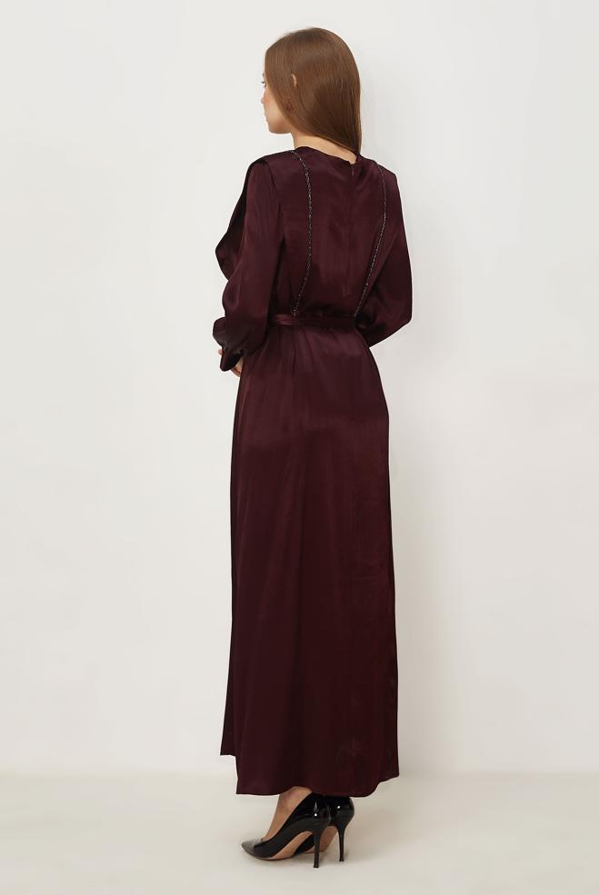 Hijab clothing BEIGE BELTED BEAD EMBROIDERED DRESS 46436-1 - ALVİNA