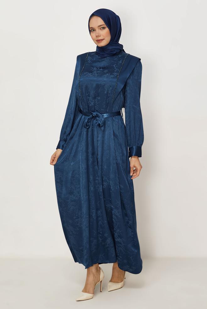 Hijab clothing NAVY BLUE BELTED BEAD EMBROIDERED DRESS 46436-1 - ALVİNA
