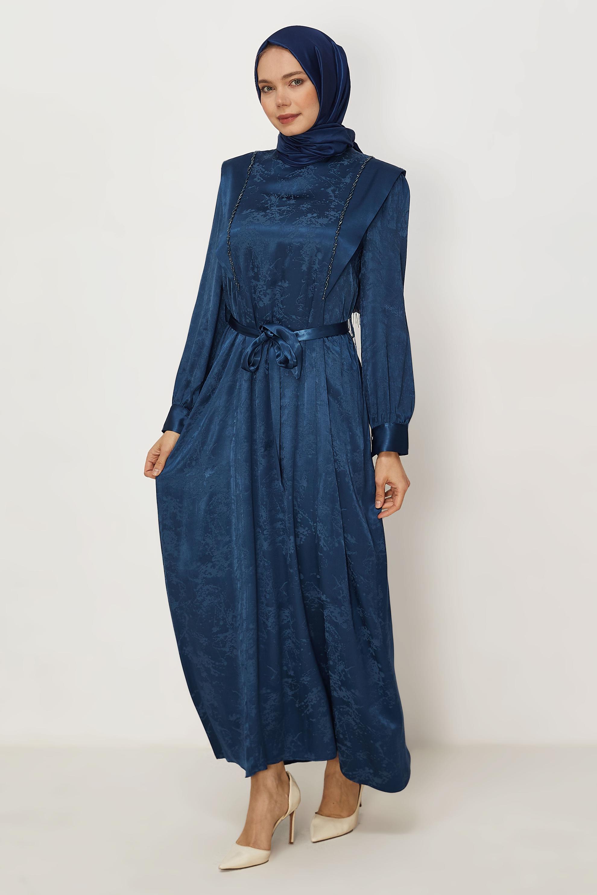 Hijab clothing NAVY BLUE BELTED BEAD EMBROIDERED DRESS 46436-1