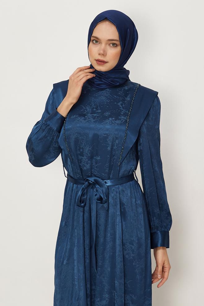 Hijab clothing NAVY BLUE BELTED BEAD EMBROIDERED DRESS 46436-1 - ALVİNA