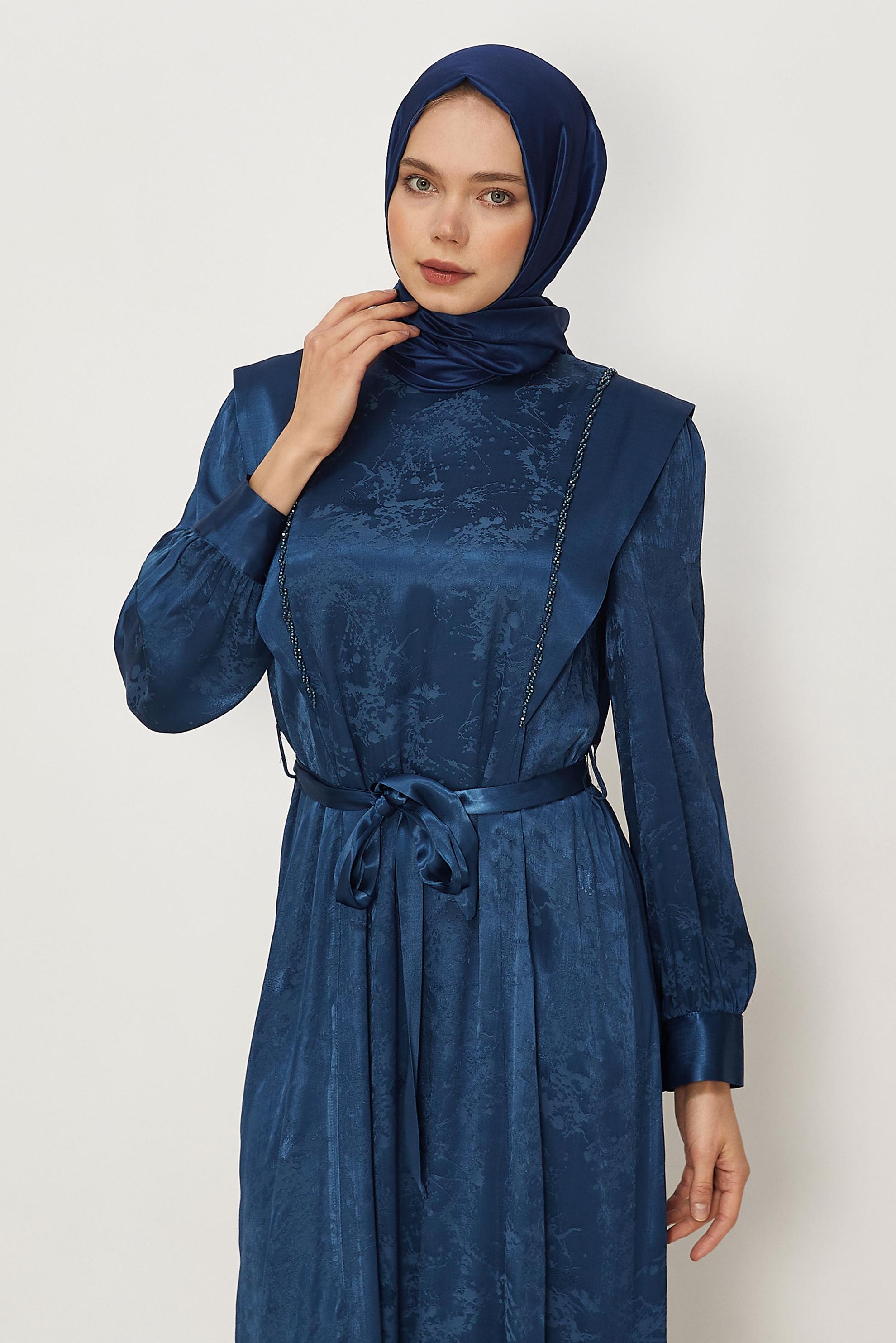 Hijab clothing NAVY BLUE BELTED BEAD EMBROIDERED DRESS 46436-1
