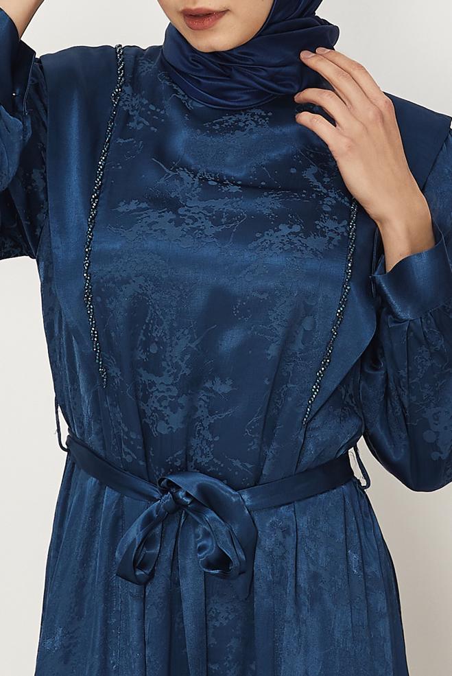 Hijab clothing NAVY BLUE BELTED BEAD EMBROIDERED DRESS 46436-1 - ALVİNA