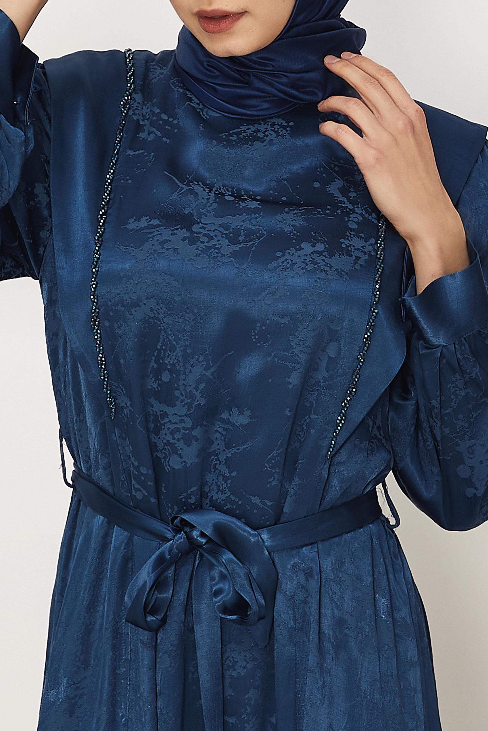 Hijab clothing NAVY BLUE BELTED BEAD EMBROIDERED DRESS 46436-1