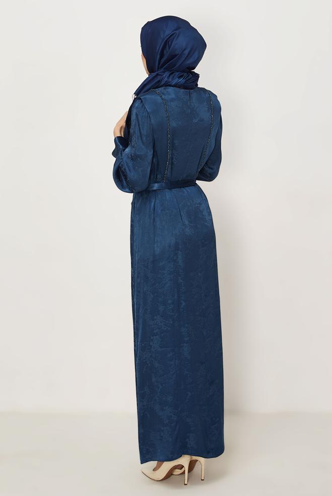 Hijab clothing NAVY BLUE BELTED BEAD EMBROIDERED DRESS 46436-1 - ALVİNA