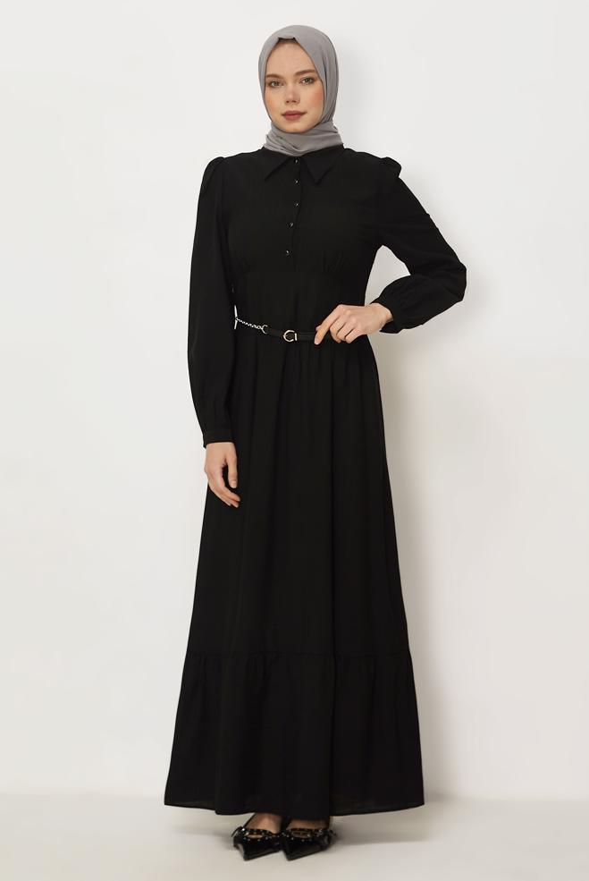 Hijab-Kleidung SCHWARZ HEMDKRAGEN-KLEID MIT GÜRTEL 46453 - ALVİNA
