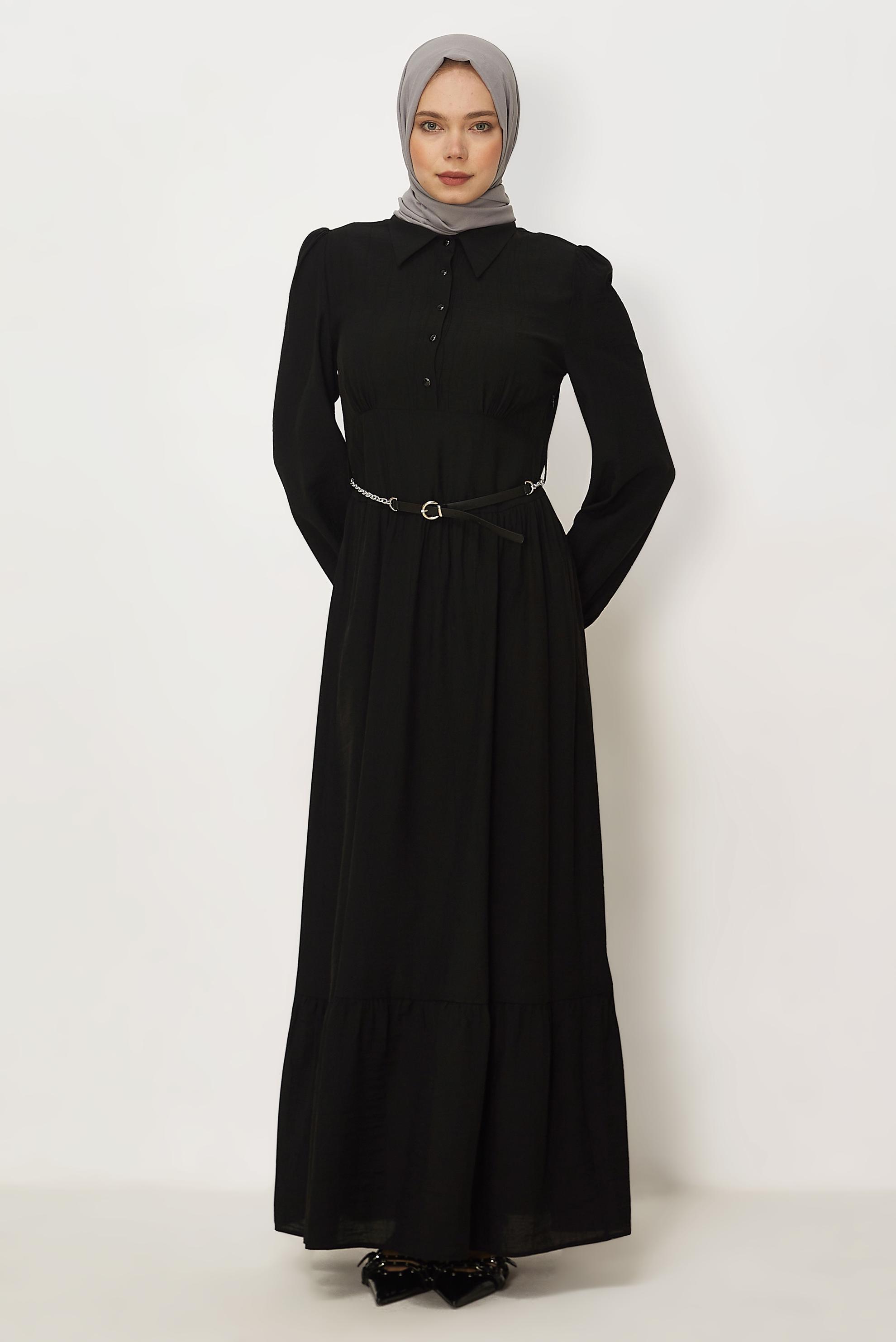 Hijab-Kleidung SCHWARZ HEMDKRAGEN-KLEID MIT GÜRTEL 46453