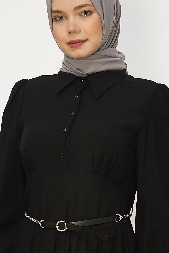 Hijab-Kleidung SCHWARZ HEMDKRAGEN-KLEID MIT GÜRTEL 46453 - ALVİNA
