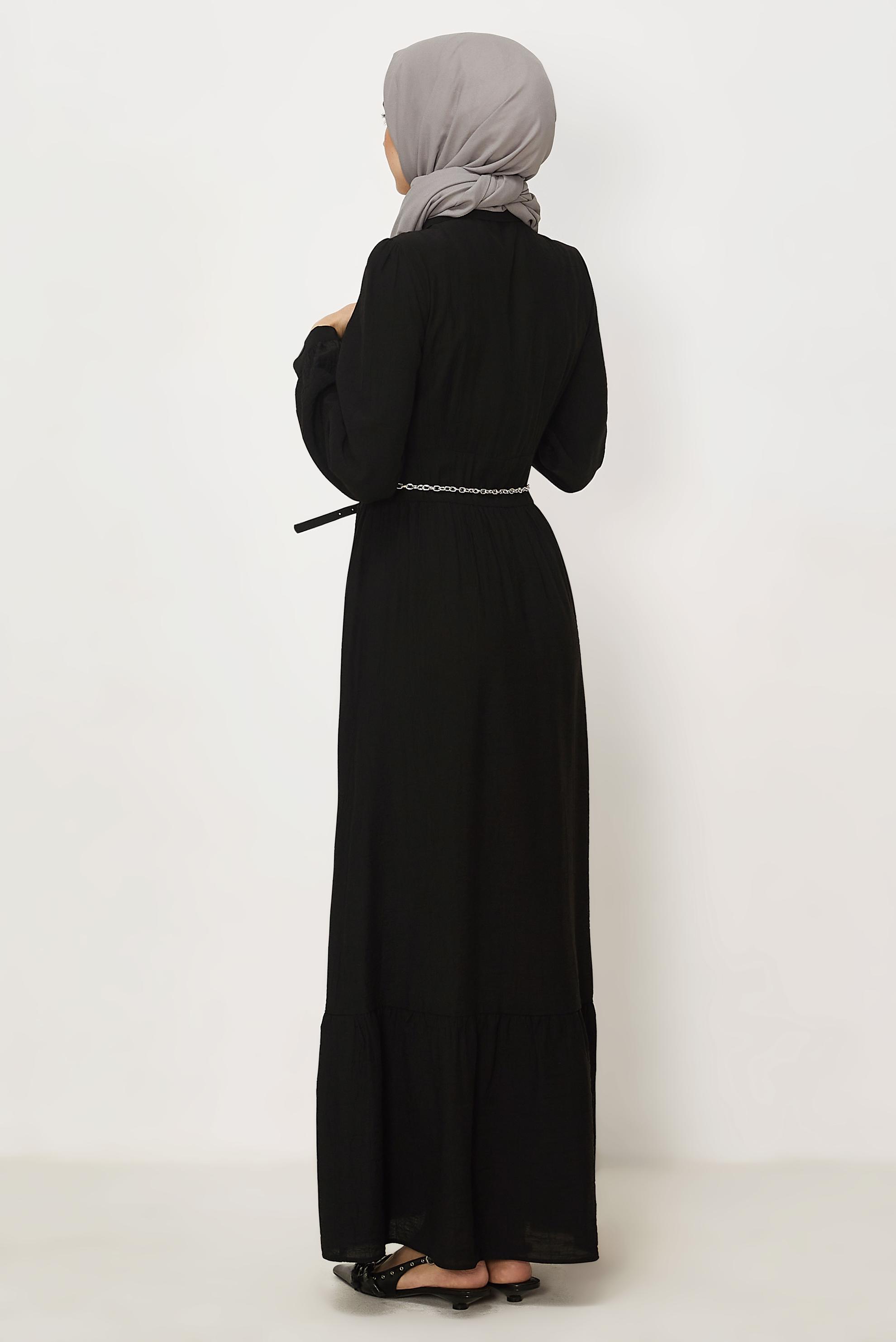 Hijab-Kleidung SCHWARZ HEMDKRAGEN-KLEID MIT GÜRTEL 46453