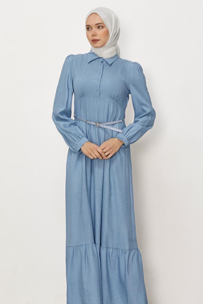 Hijab-Kleidung BLAU HEMDKRAGEN-KLEID MIT GÜRTEL 46453 - ALVİNA