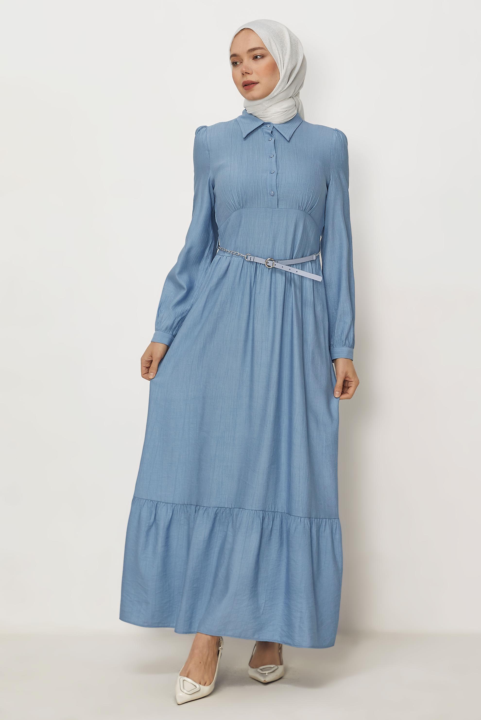 Hijab-Kleidung BLAU HEMDKRAGEN-KLEID MIT GÜRTEL 46453