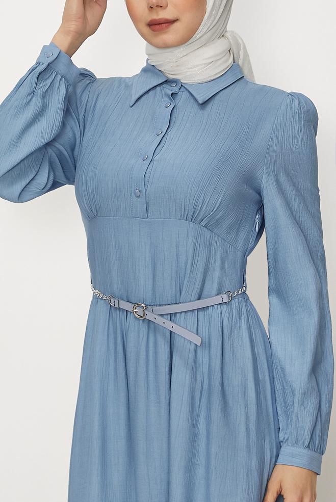 Hijab-Kleidung BLAU HEMDKRAGEN-KLEID MIT GÜRTEL 46453 - ALVİNA