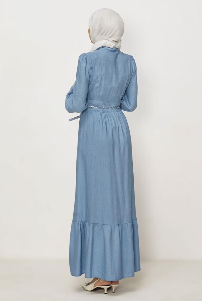 Hijab-Kleidung BLAU HEMDKRAGEN-KLEID MIT GÜRTEL 46453 - ALVİNA
