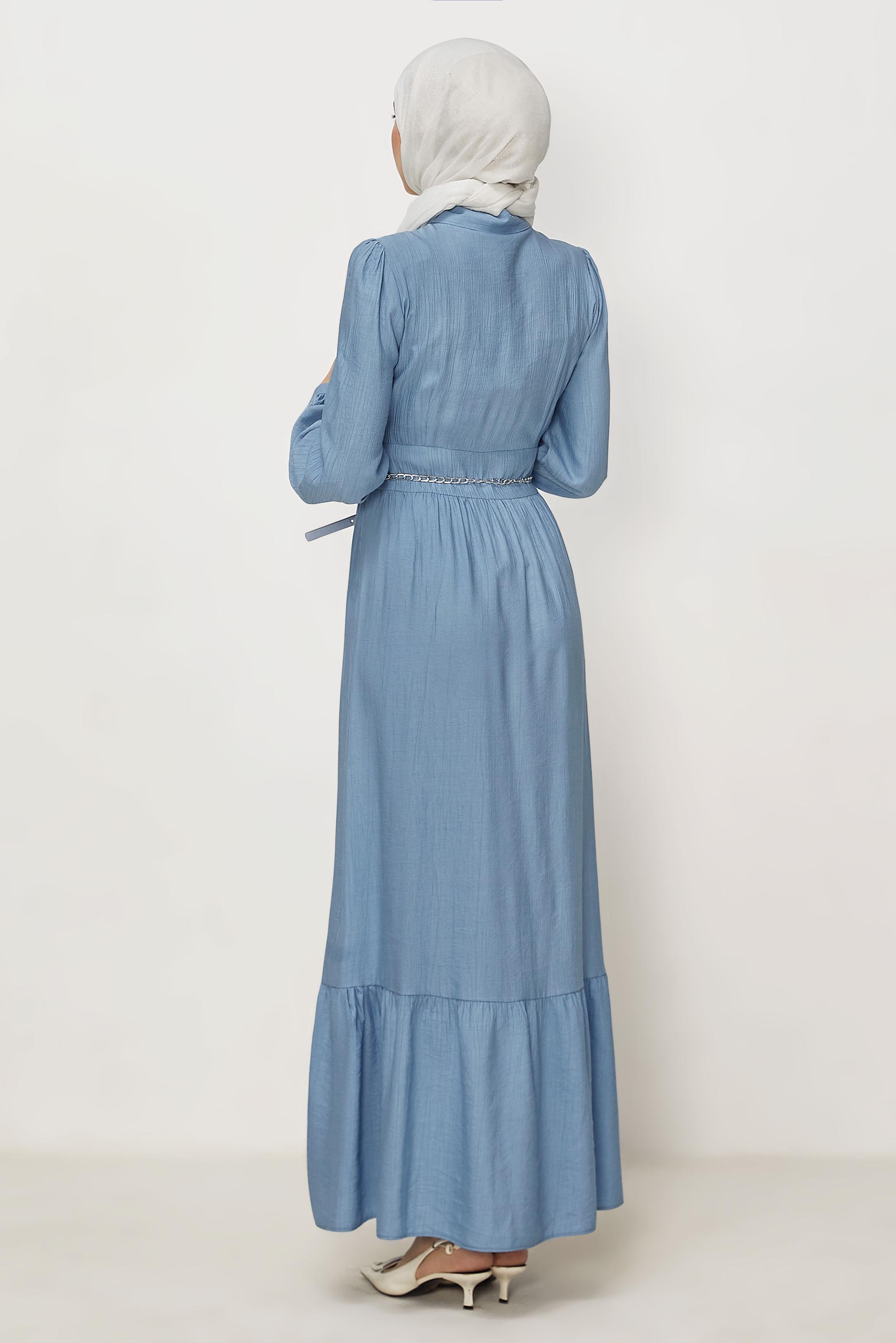 Hijab-Kleidung BLAU HEMDKRAGEN-KLEID MIT GÜRTEL 46453