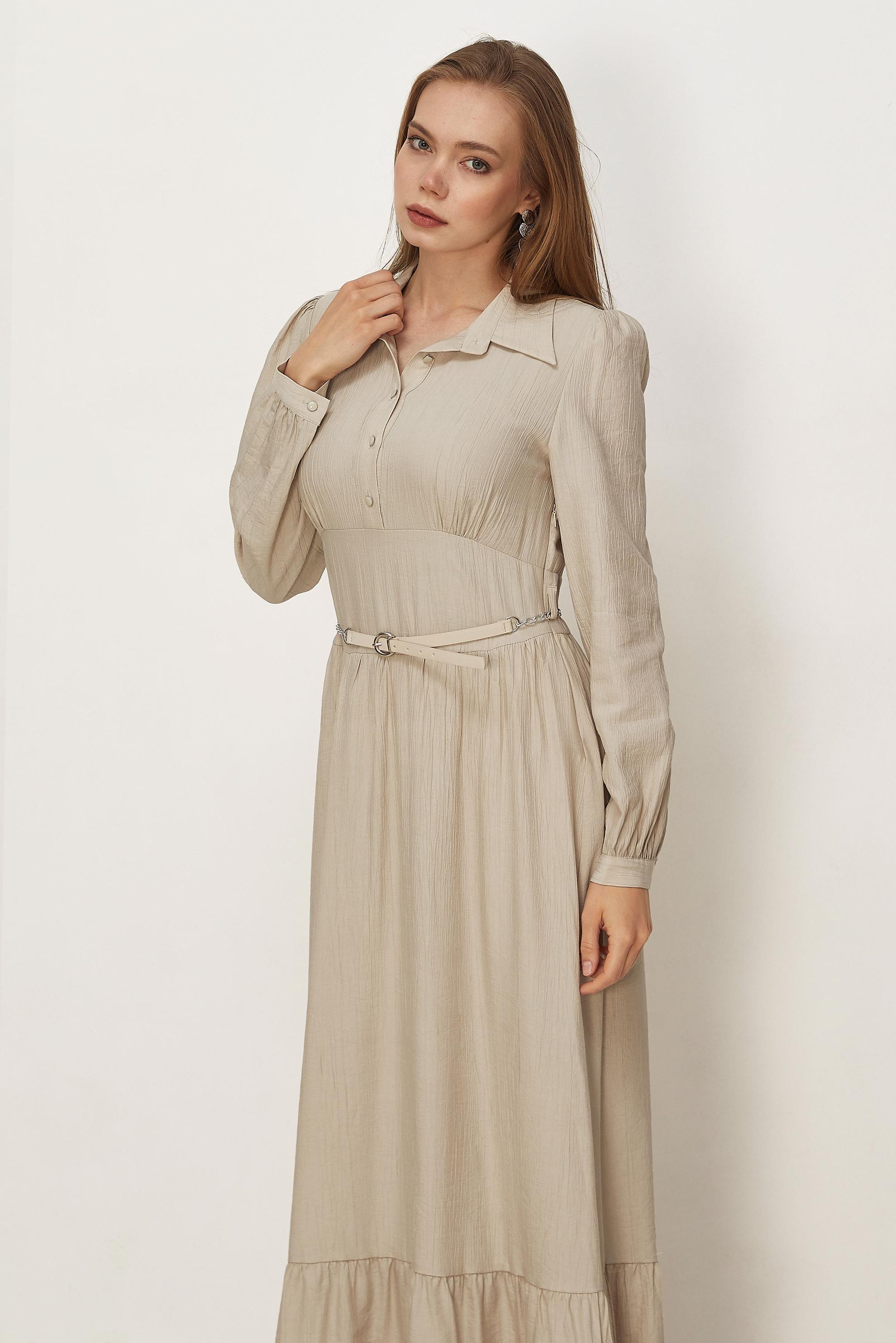 Hijab clothing BEIGE BELTED SHIRT COLLAR DRESS 46453