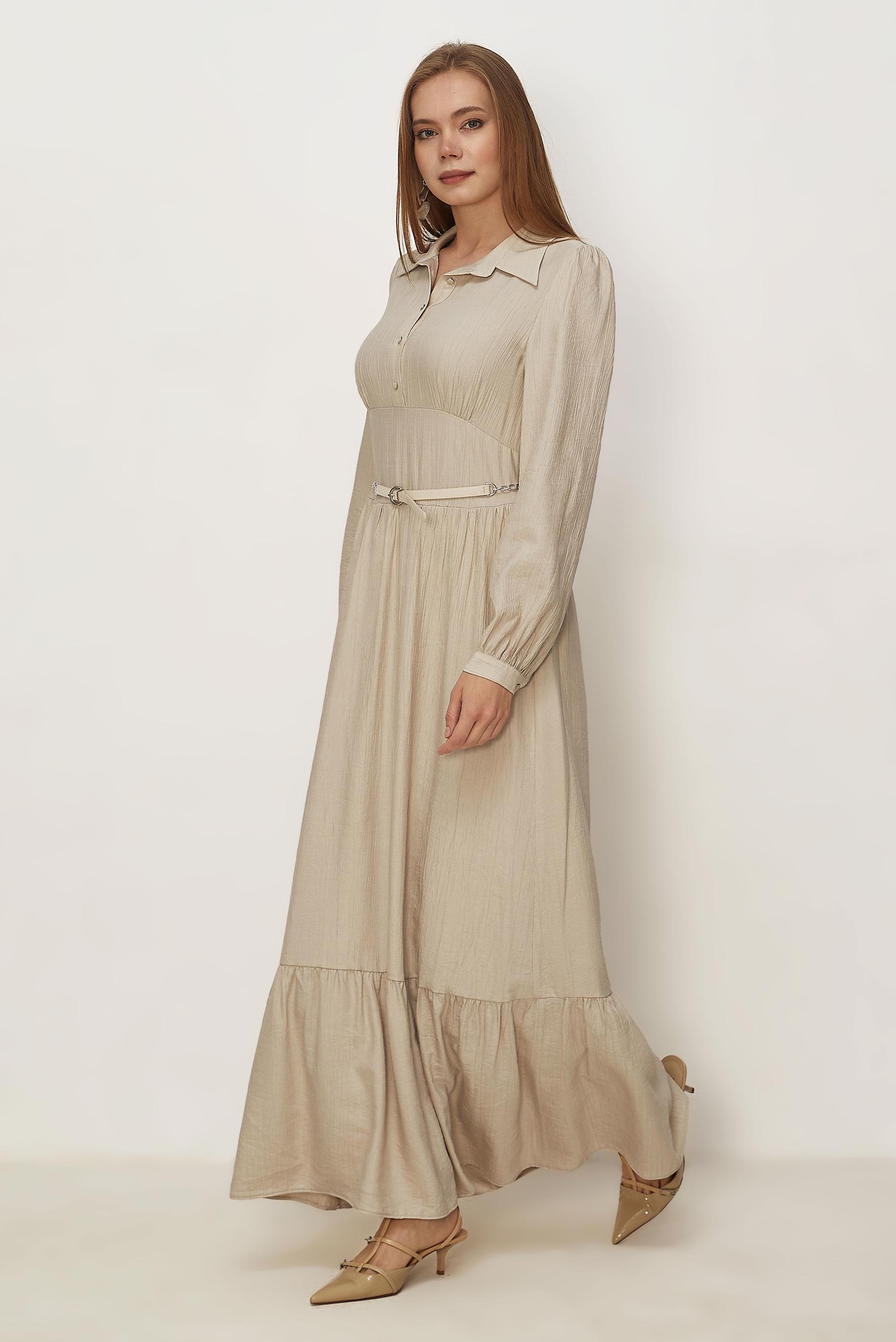 Hijab clothing BEIGE BELTED SHIRT COLLAR DRESS 46453