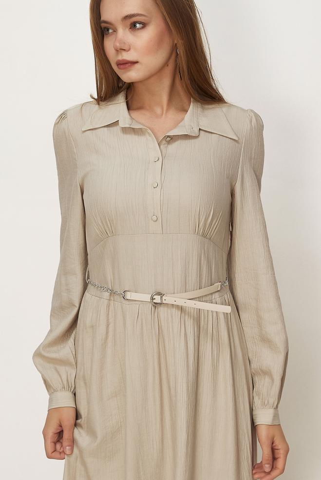 Hijab clothing BEIGE BELTED SHIRT COLLAR DRESS 46453 - ALVİNA