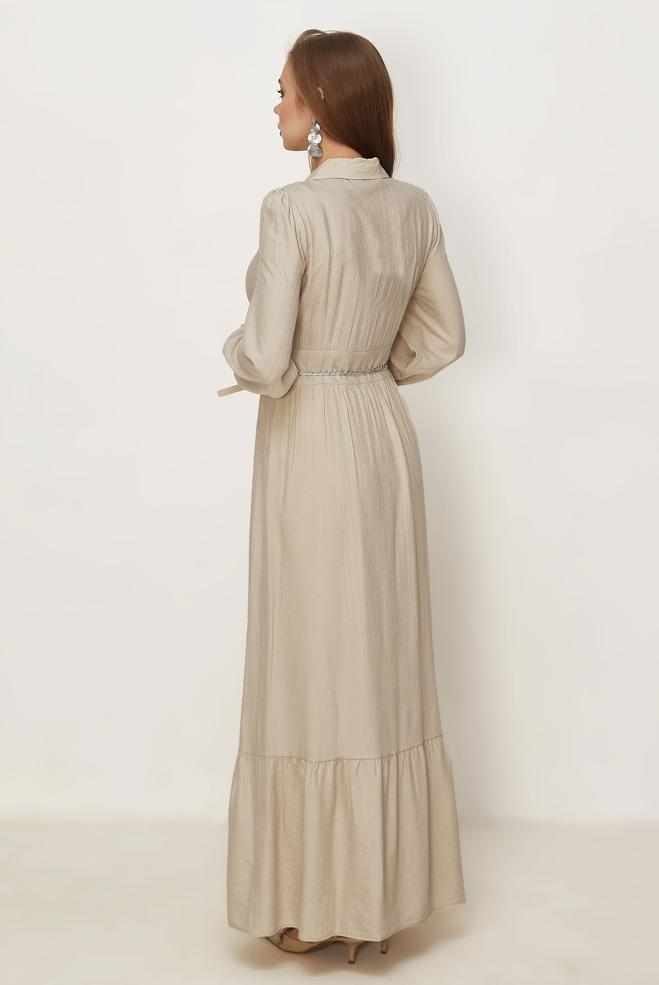 Hijab clothing BEIGE BELTED SHIRT COLLAR DRESS 46453 - ALVİNA