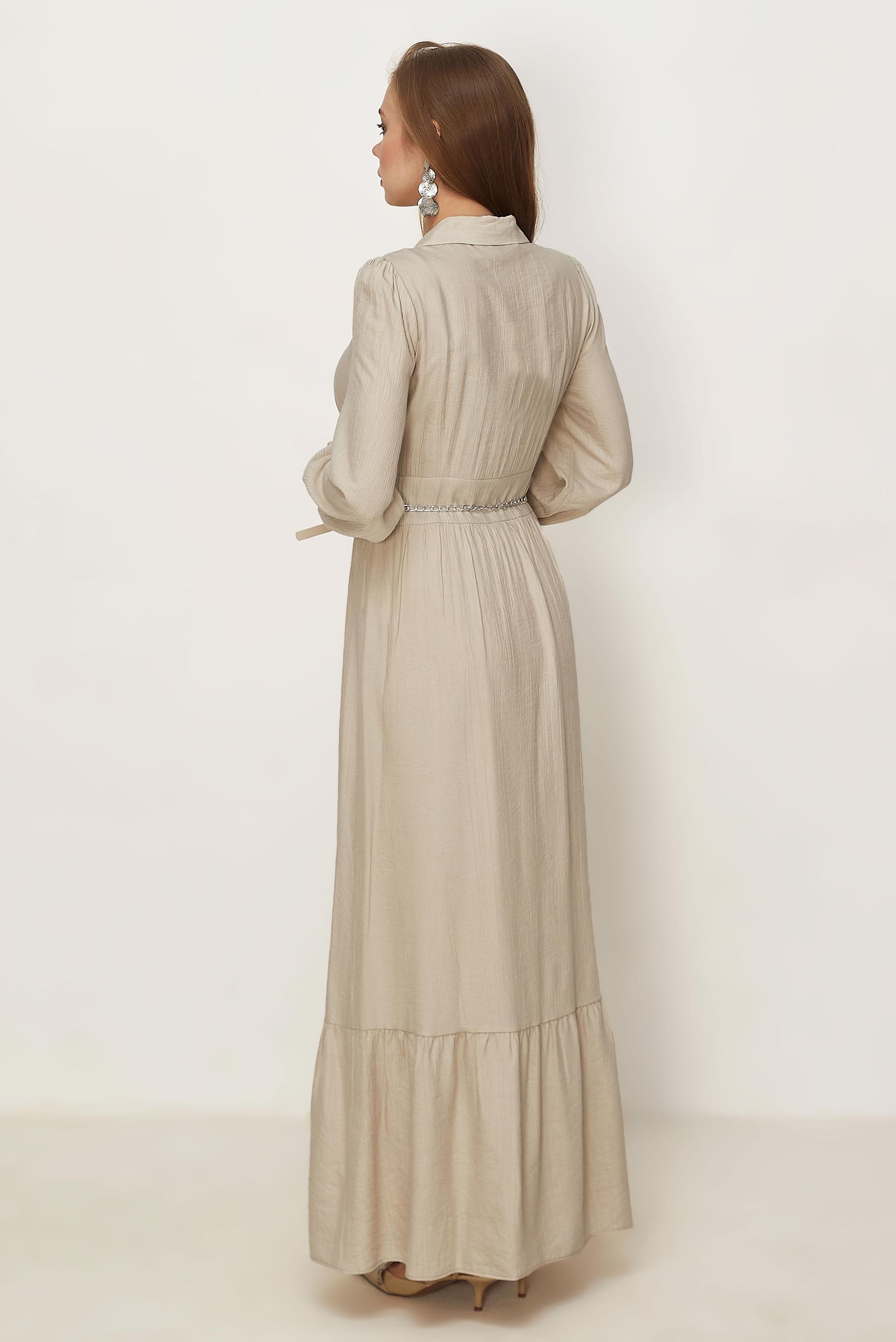 Hijab clothing BEIGE BELTED SHIRT COLLAR DRESS 46453