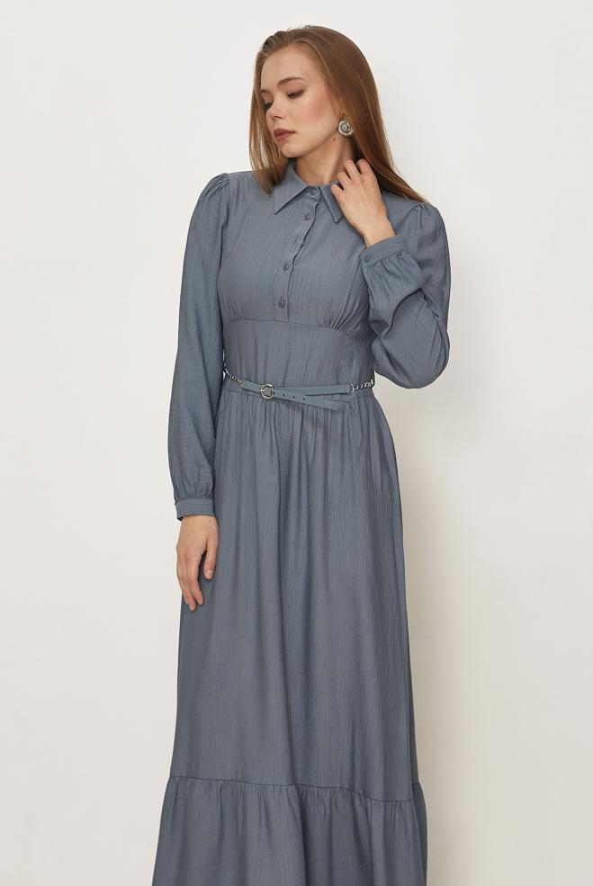 Hijab clothing BEIGE BELTED SHIRT COLLAR DRESS 46453 - ALVİNA