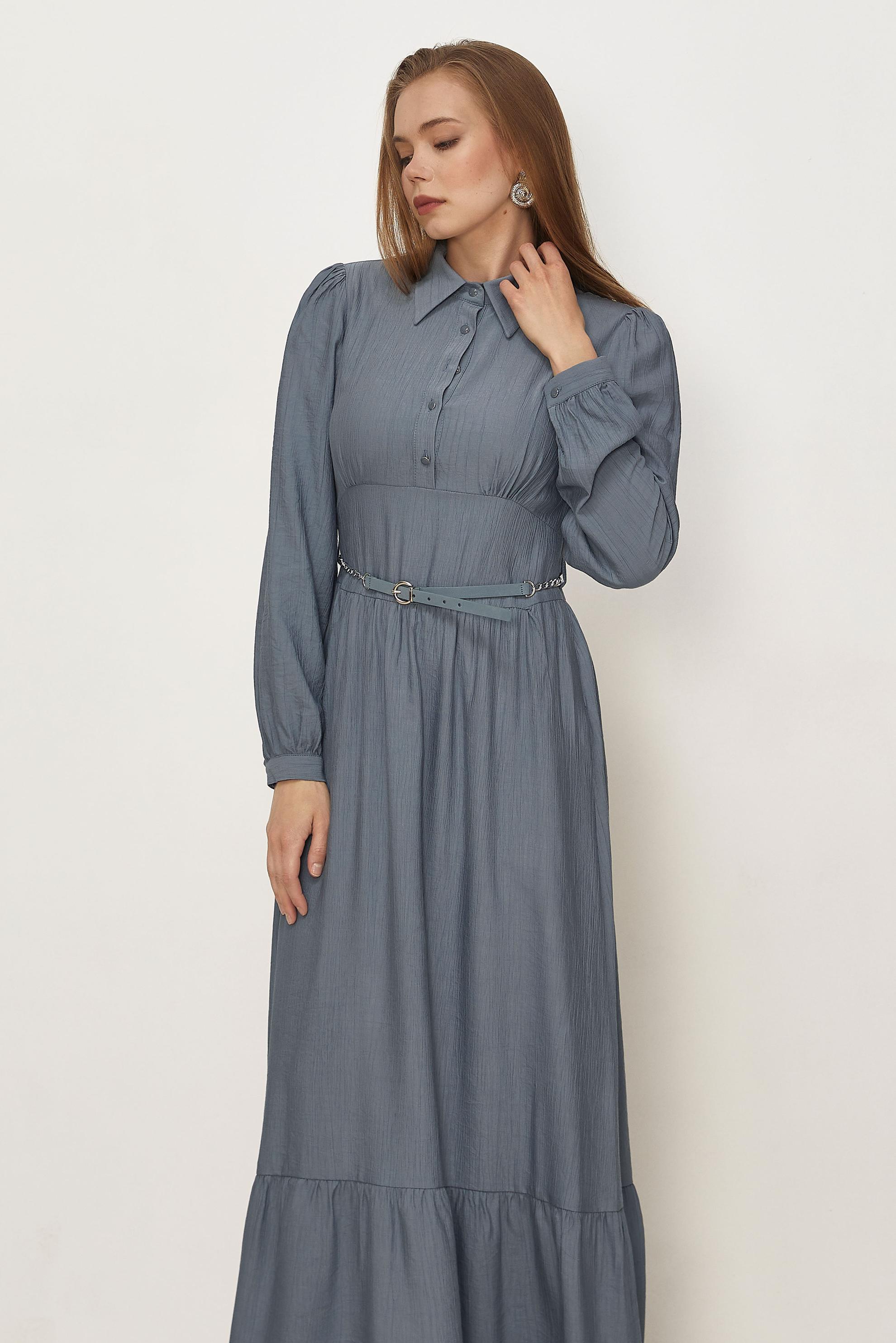 Hijab clothing BEIGE BELTED SHIRT COLLAR DRESS 46453