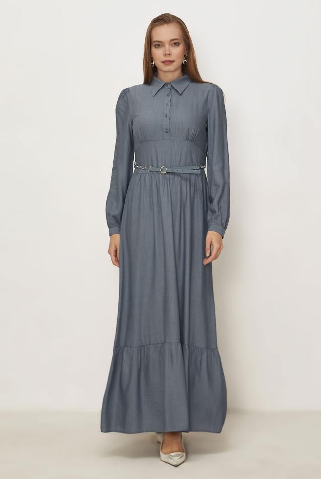 Hijab clothing BEIGE BELTED SHIRT COLLAR DRESS 46453 - ALVİNA