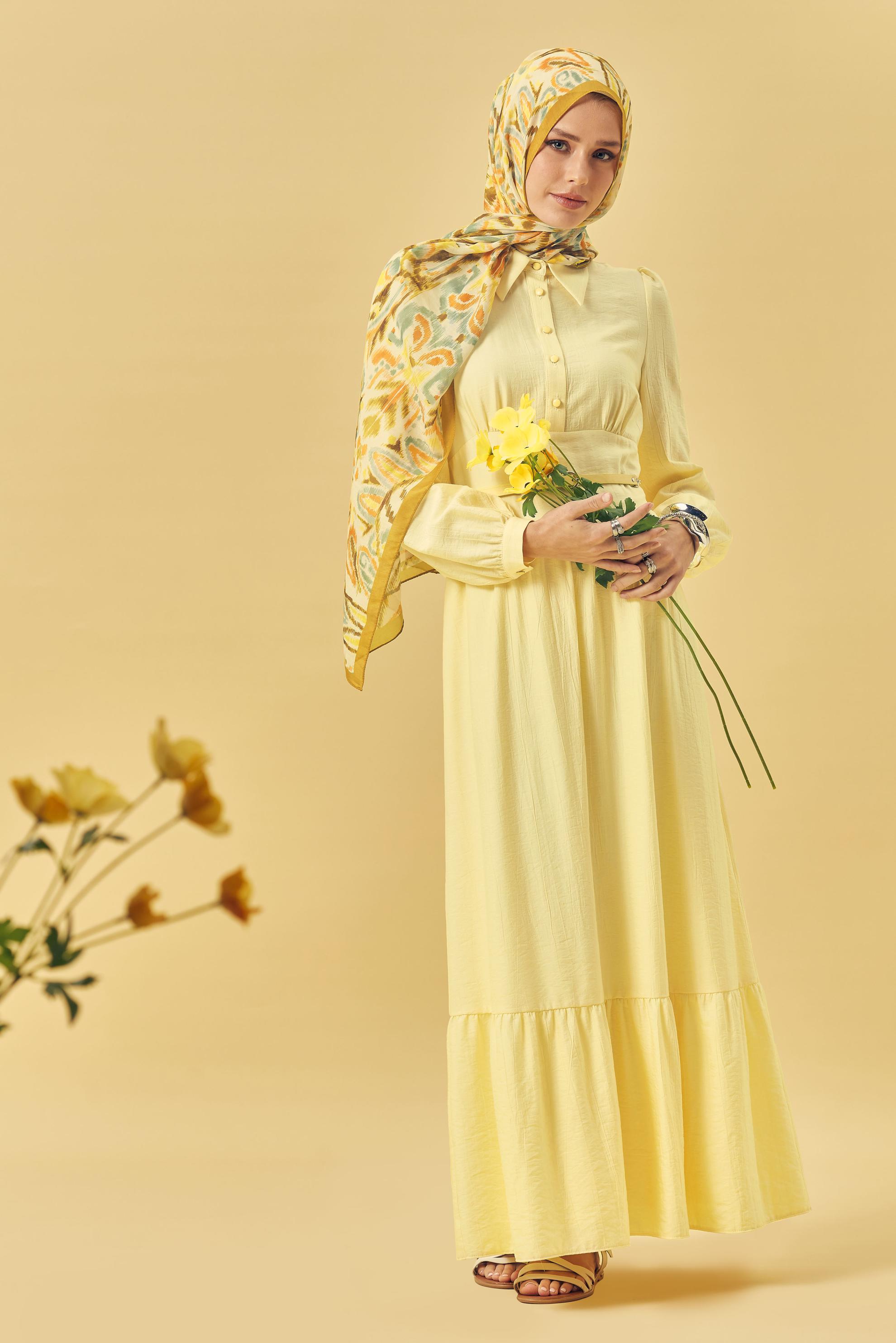 Hijab-Kleidung GELB HEMDKRAGEN-KLEID MIT GÜRTEL 46453