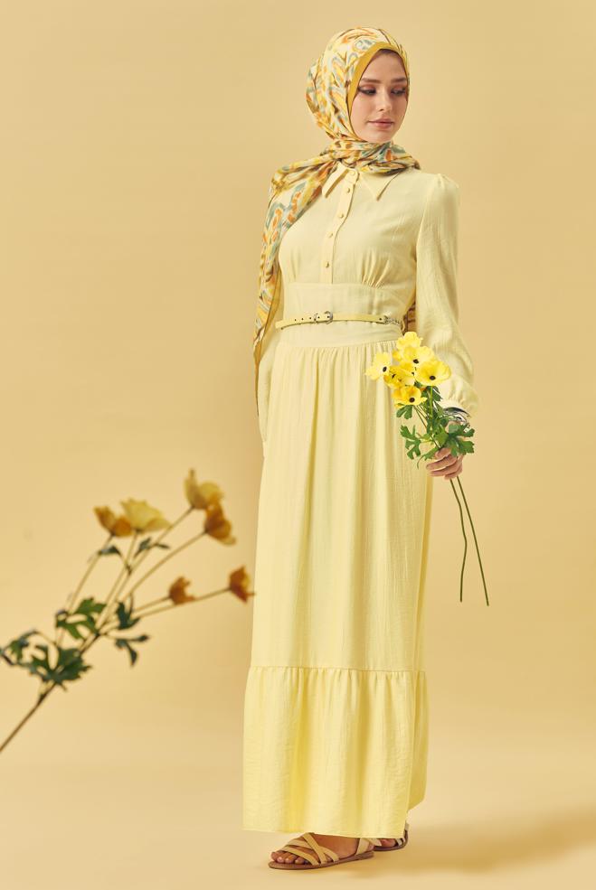 Hijab-Kleidung GELB HEMDKRAGEN-KLEID MIT GÜRTEL 46453 - ALVİNA
