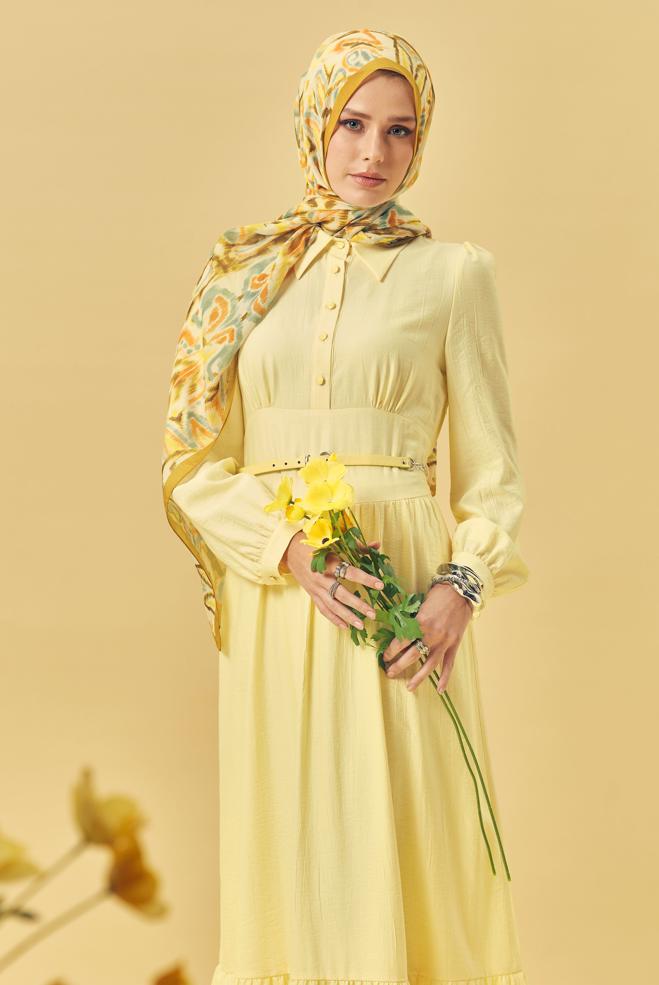Hijab-Kleidung GELB HEMDKRAGEN-KLEID MIT GÜRTEL 46453 - ALVİNA