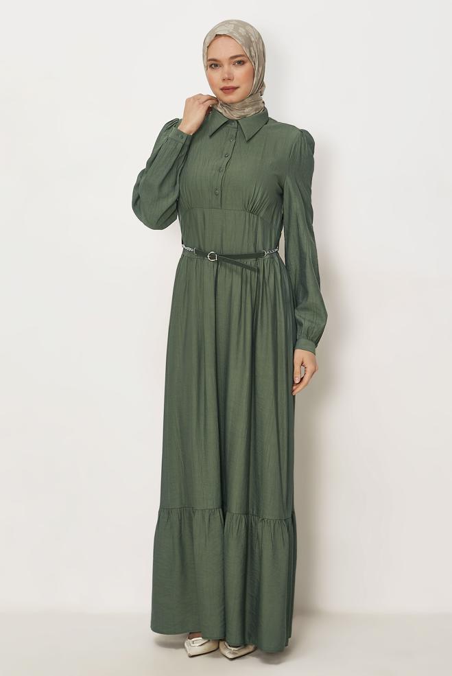 Hijab-Kleidung GRÜN HEMDKRAGEN-KLEID MIT GÜRTEL 46453 - ALVİNA