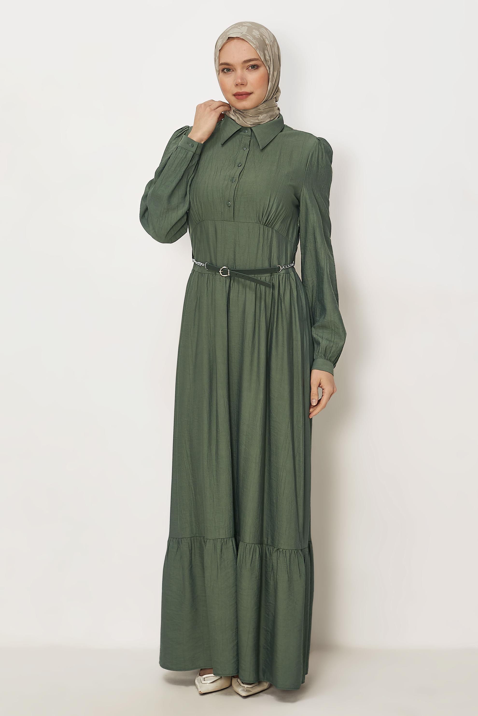 Hijab-Kleidung GRÜN HEMDKRAGEN-KLEID MIT GÜRTEL 46453