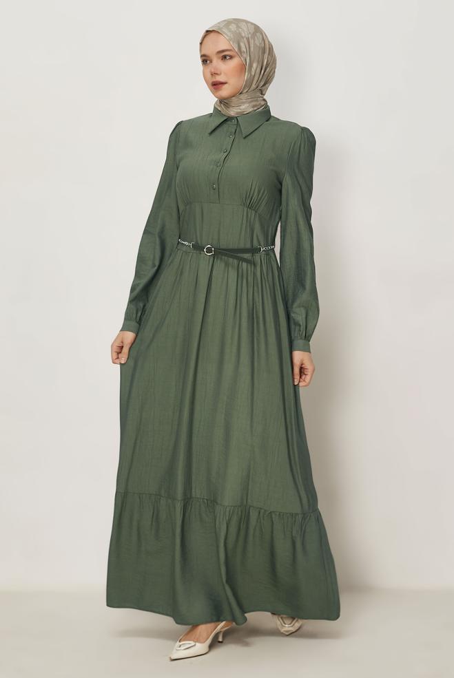 Hijab-Kleidung GRÜN HEMDKRAGEN-KLEID MIT GÜRTEL 46453 - ALVİNA