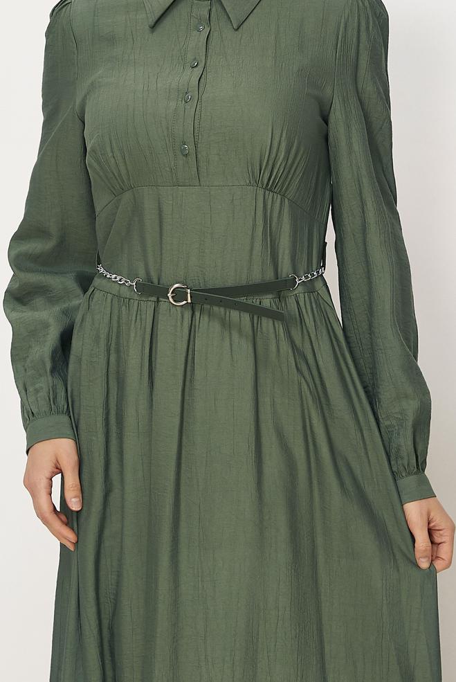 Hijab-Kleidung GRÜN HEMDKRAGEN-KLEID MIT GÜRTEL 46453 - ALVİNA