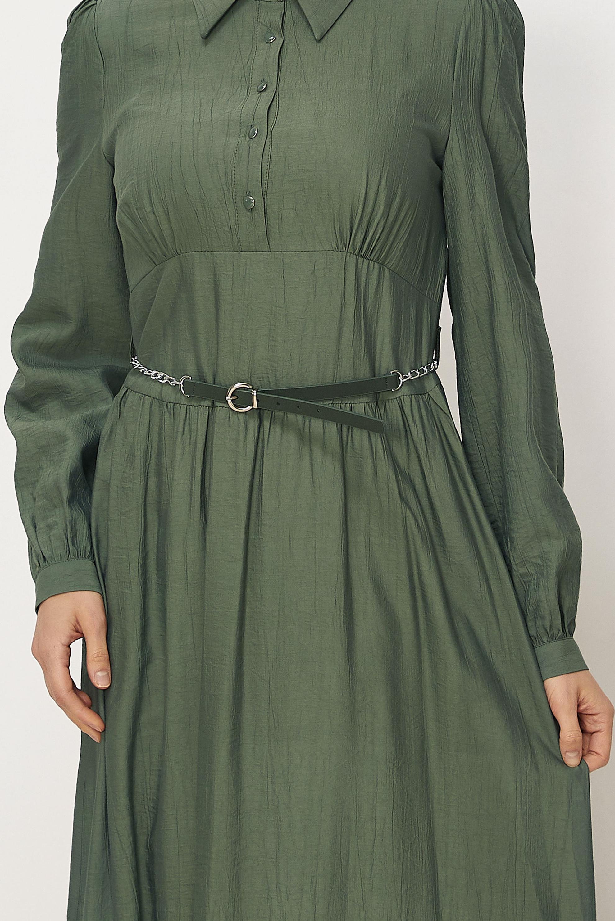 Hijab-Kleidung GRÜN HEMDKRAGEN-KLEID MIT GÜRTEL 46453