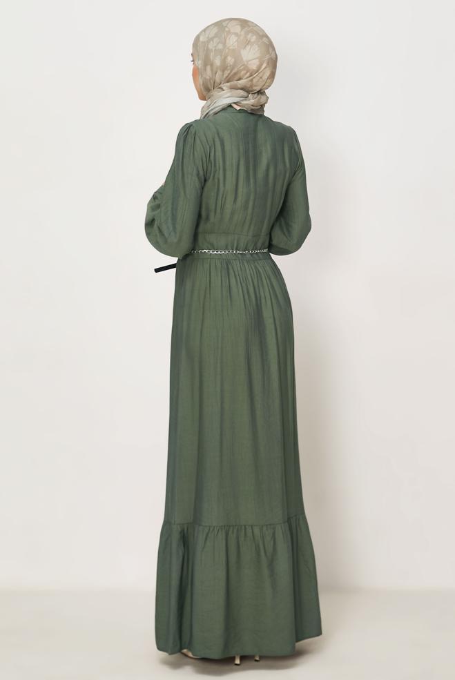 Hijab-Kleidung GRÜN HEMDKRAGEN-KLEID MIT GÜRTEL 46453 - ALVİNA