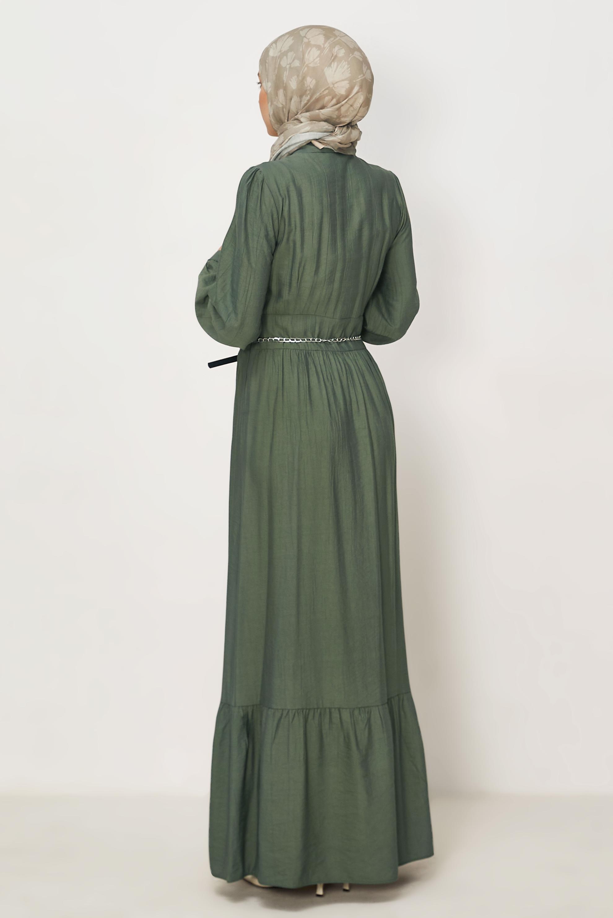 Hijab-Kleidung GRÜN HEMDKRAGEN-KLEID MIT GÜRTEL 46453