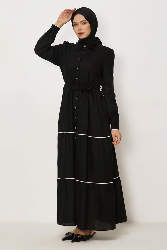 Hijab clothing BLACK BELTED SHIRT COLLAR DRESS 46461 - ALVİNA