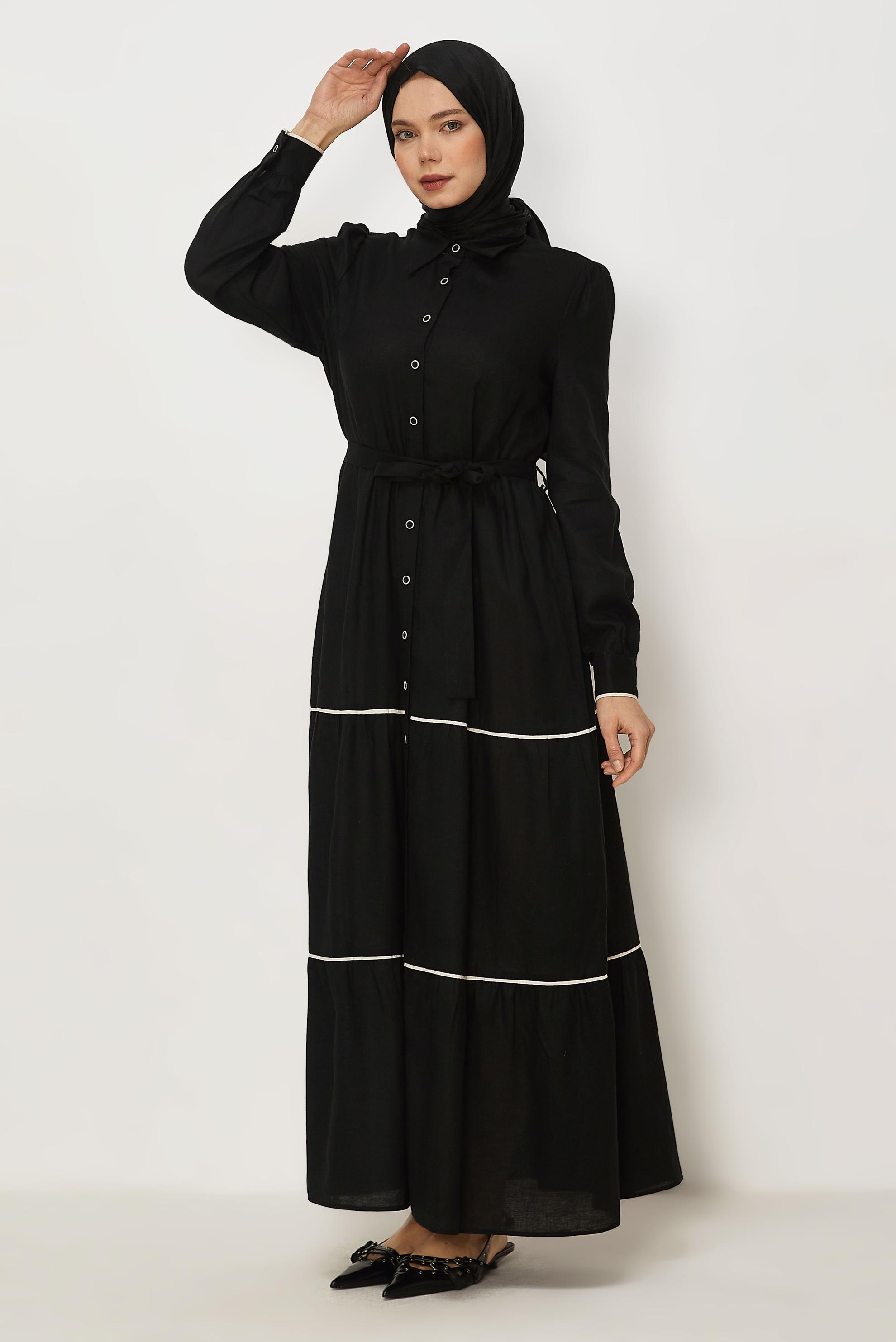 Hijab clothing BLACK BELTED SHIRT COLLAR DRESS 46461