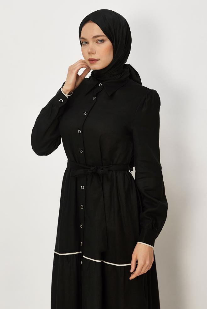 Hijab clothing BLACK BELTED SHIRT COLLAR DRESS 46461 - ALVİNA