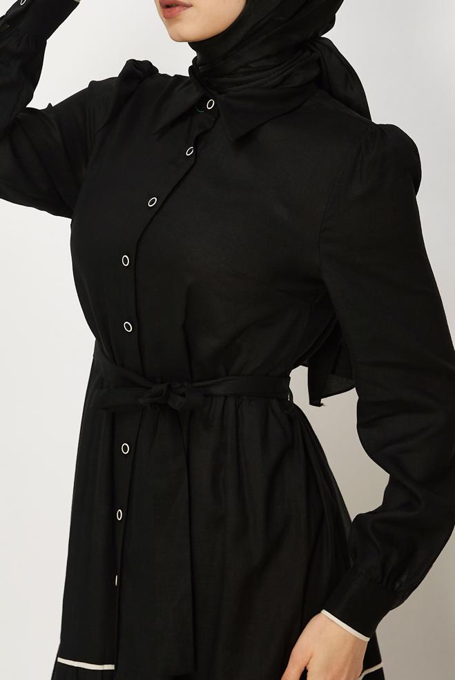 Hijab clothing BLACK BELTED SHIRT COLLAR DRESS 46461 - ALVİNA