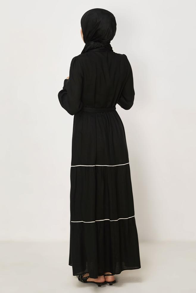 Hijab clothing BLACK BELTED SHIRT COLLAR DRESS 46461 - ALVİNA