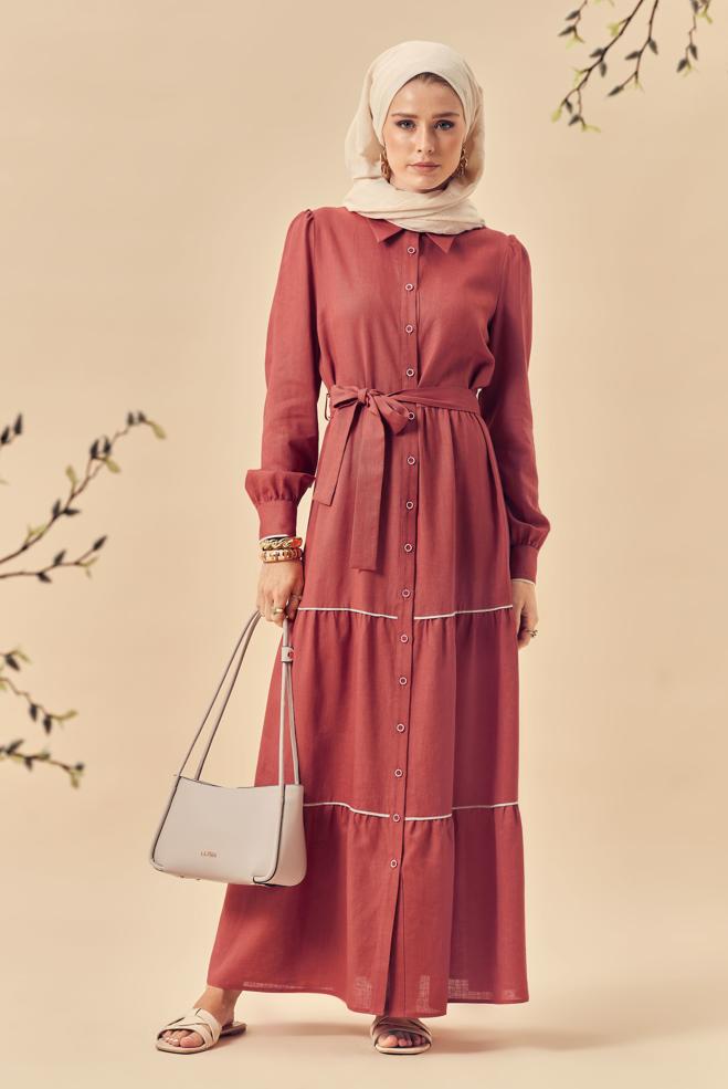 Hijab-Kleidung ORANGE HEMDKRAGEN-KLEID MIT GÜRTEL 46461 - ALVİNA