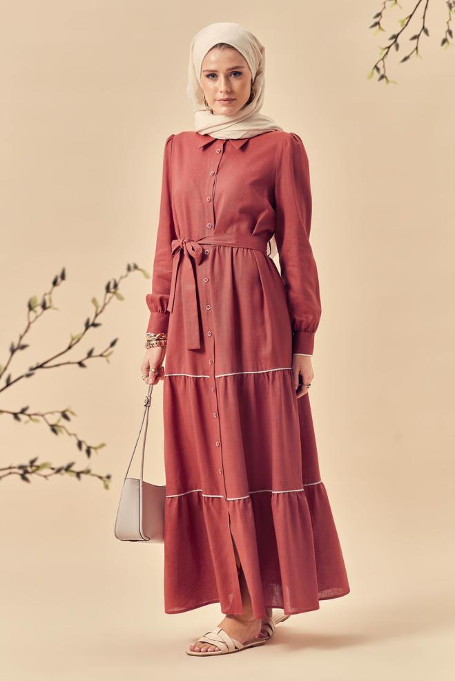 Hijab-Kleidung ORANGE HEMDKRAGEN-KLEID MIT GÜRTEL 46461 - ALVİNA