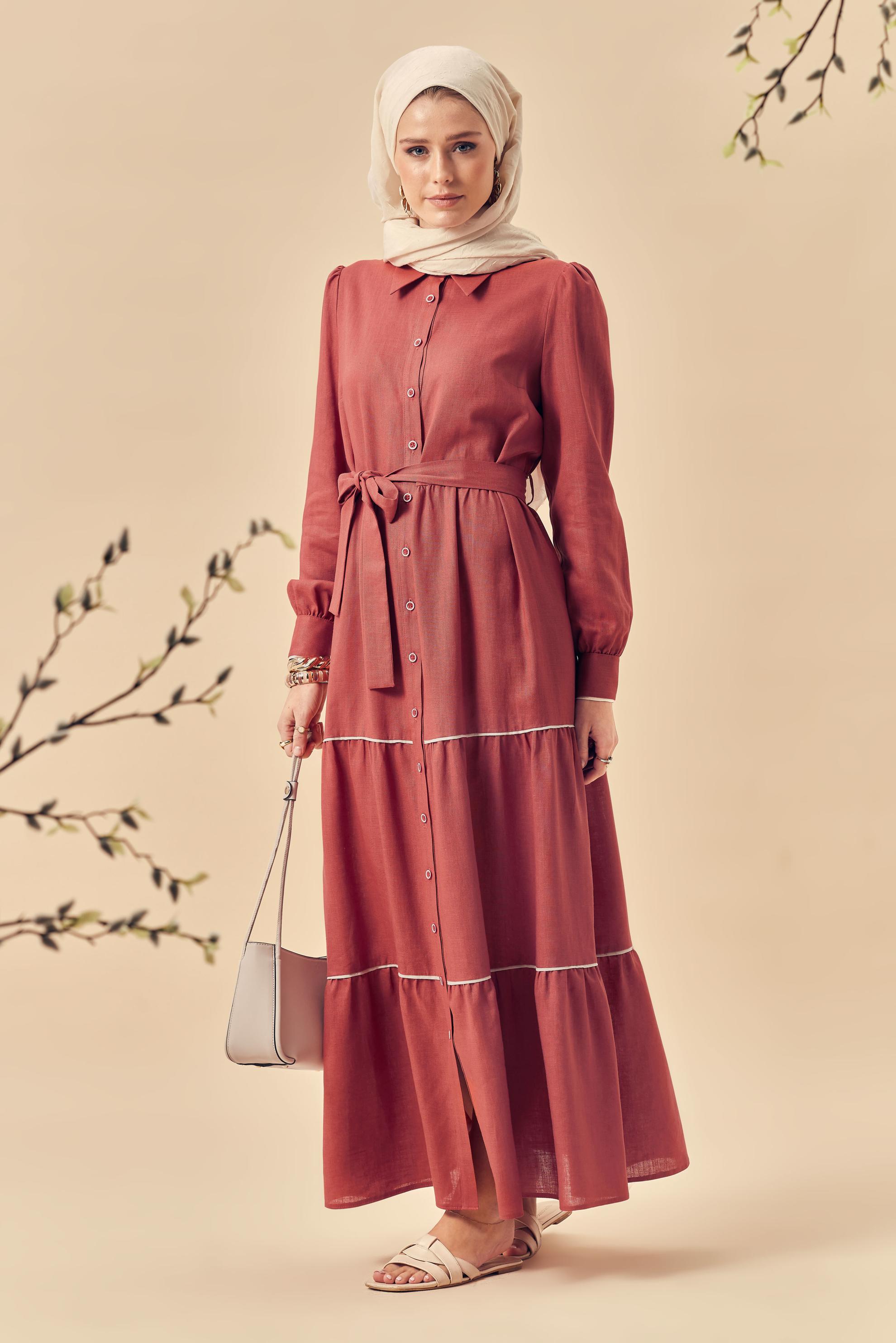 Hijab-Kleidung ORANGE HEMDKRAGEN-KLEID MIT GÜRTEL 46461