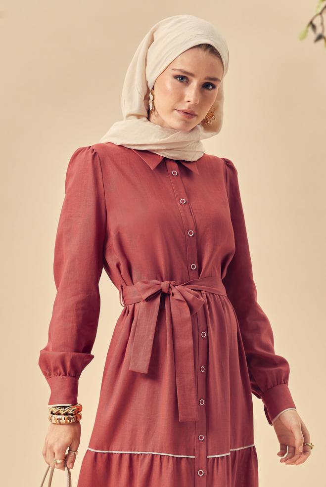 Hijab-Kleidung ORANGE HEMDKRAGEN-KLEID MIT GÜRTEL 46461 - ALVİNA