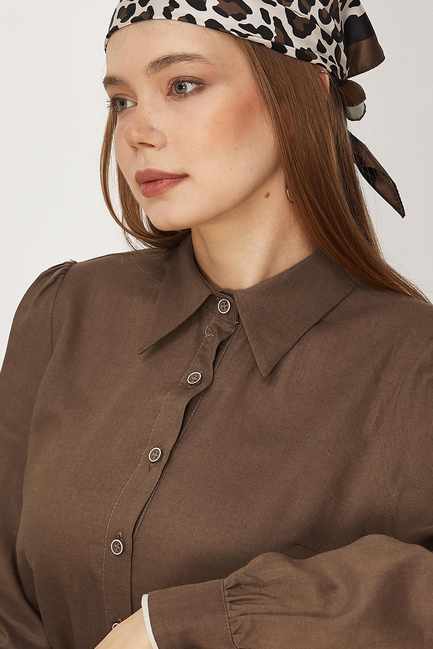 Hijab-Kleidung BRAUN HEMDKRAGEN-KLEID MIT GÜRTEL 46461