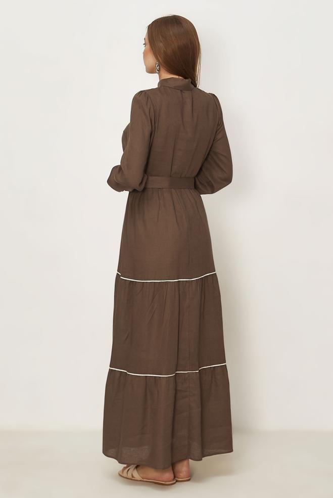 Hijab-Kleidung BRAUN HEMDKRAGEN-KLEID MIT GÜRTEL 46461 - ALVİNA