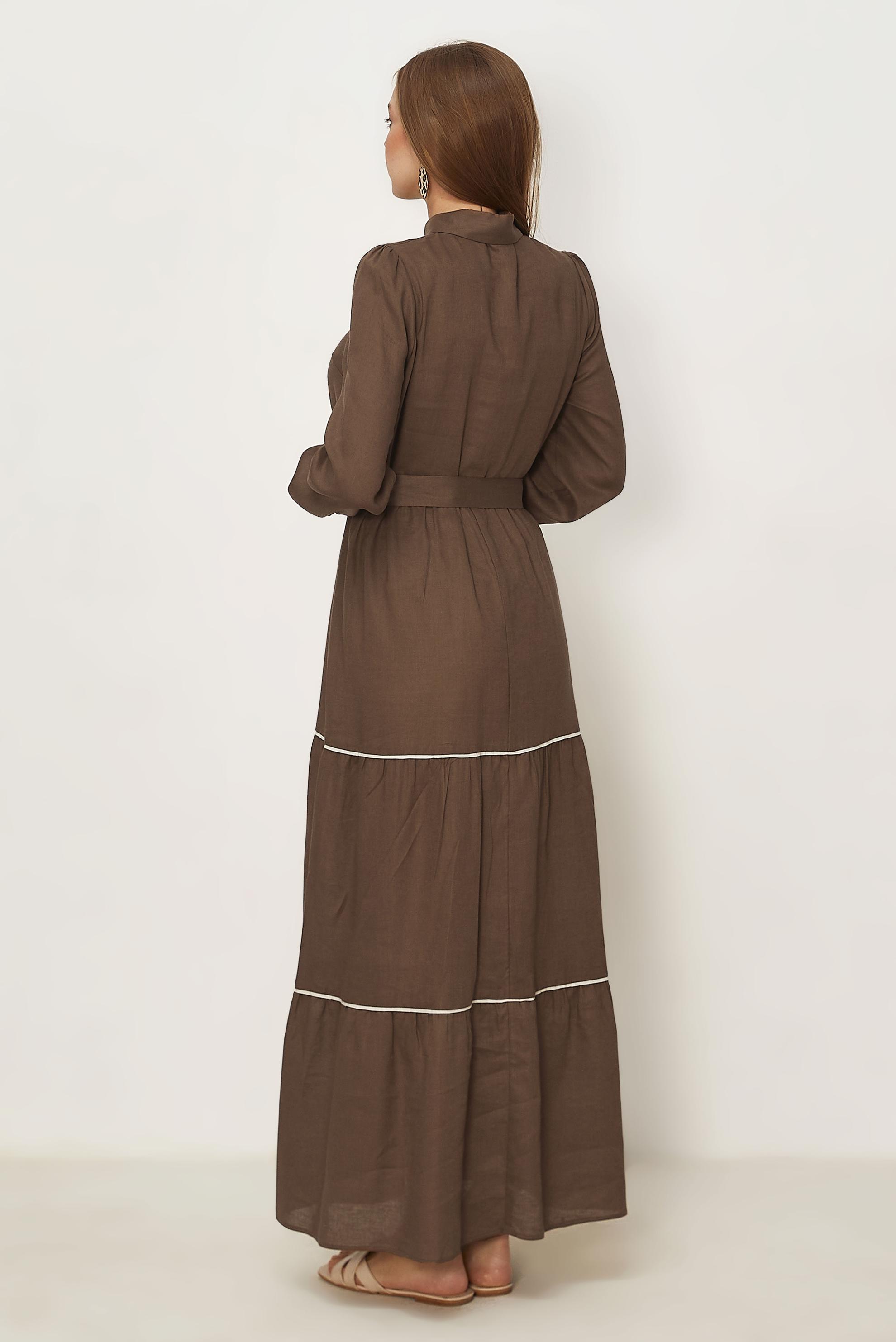 Hijab-Kleidung BRAUN HEMDKRAGEN-KLEID MIT GÜRTEL 46461